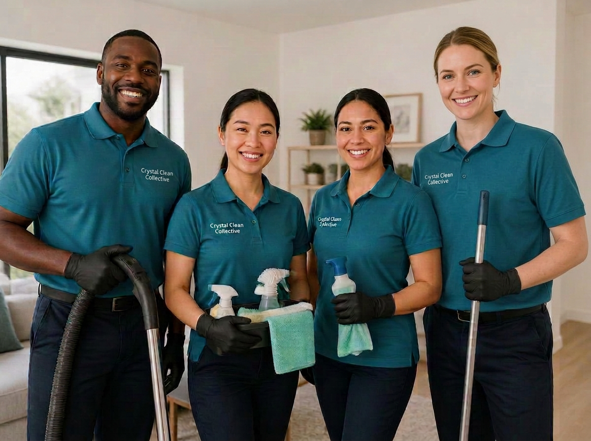 Smiling cleaning team with supplies