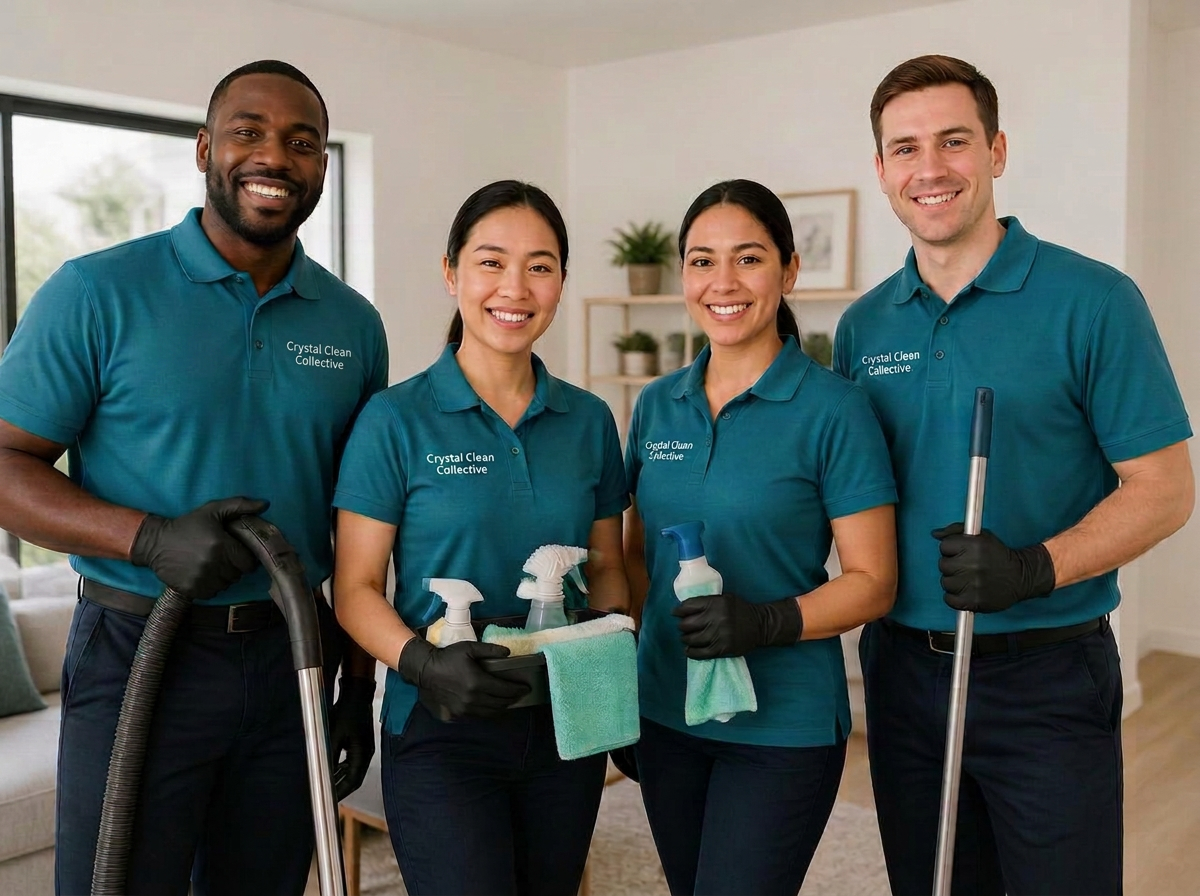 Smiling cleaning team with supplies